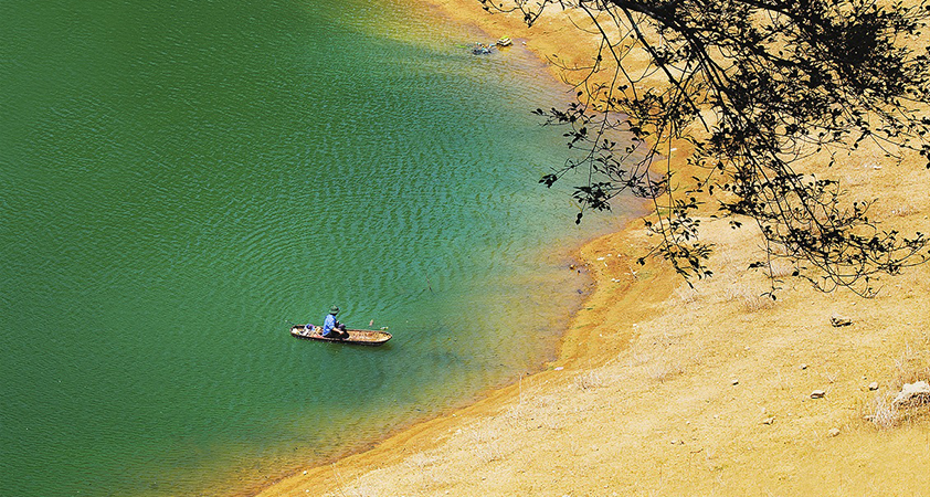 The lake water is blue around the year